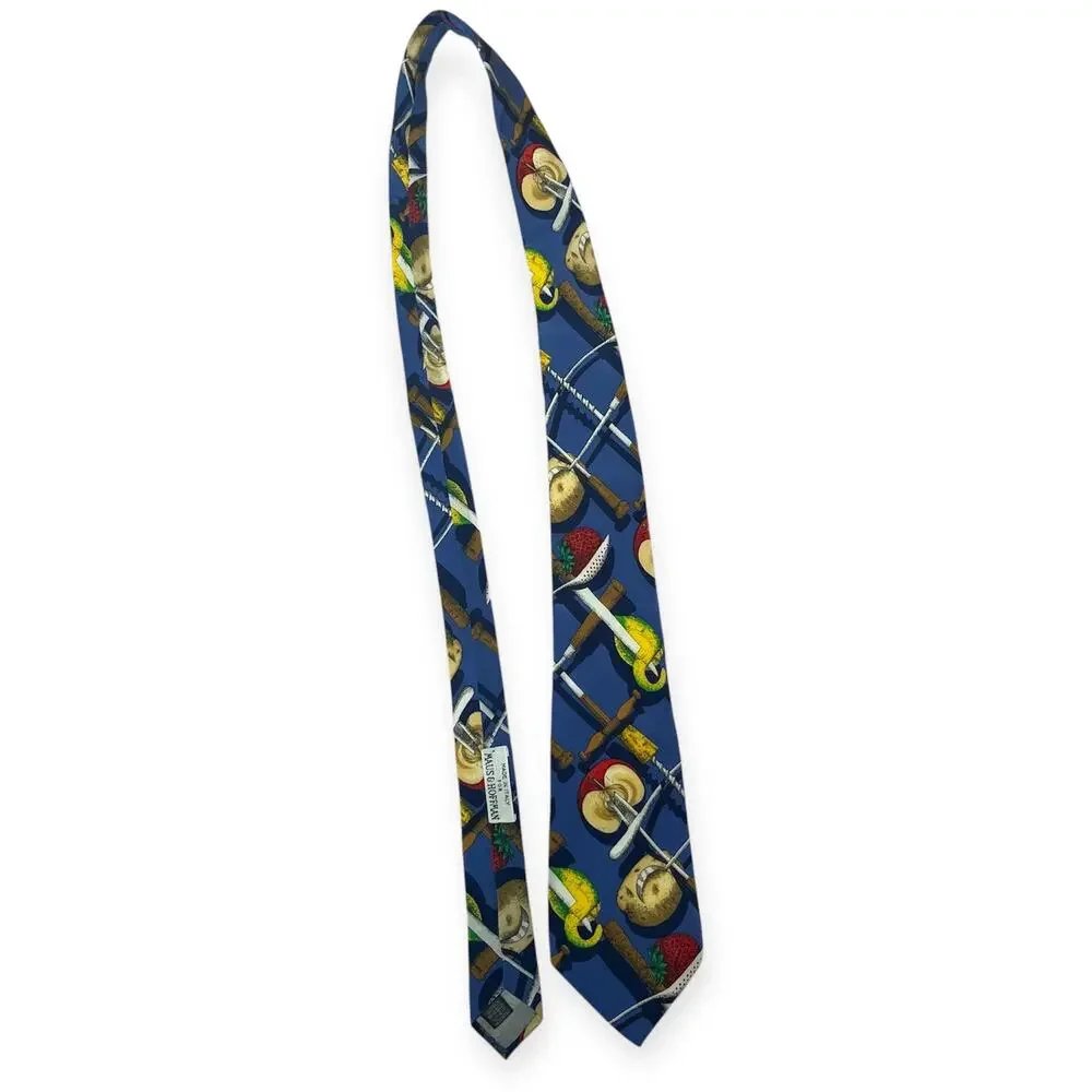 Maus & Hoffman Italian Silk Novelty Kitchen Fruit Print Necktie Blue Vintage